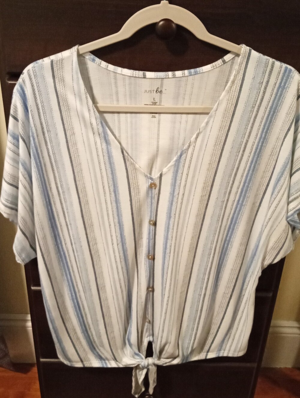 Just Be Sz Large Multi Striped Button-Front Tie Top in White Blu Gray Easy Care